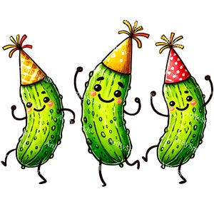 Clipart dansen augurken | Transparant png-bestand | Illustratie feestmuts augurk | Leuke digitale download voor eten voor knutselen, uitnodigingen, sublimatie