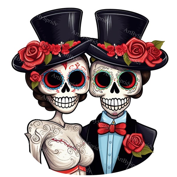 Sugar Skull Couple In Wedding Attire-Dia de los Muertos Bohemian Flower,Transparent PNG Clipart-Printable Shirt,Tumbler Sublimation Clip Art