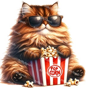 Cute Cat with Sunglasses & Popcorn Box Clipart - Watercolor Digital PNG for DTG, T-Shirt, Mug, Tumbler Sublimation, Scrapbooking Clip Art