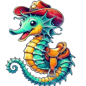 Seahorse Cowboy PNG Clipart, Cute Western Seahorse with Hat & Saddle, Digital Clip Art for T-Shirt, DIY Craft,Sticker,Sublimation,Invitation