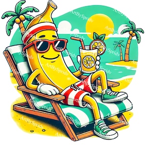 Coole retro banaan limonade drinken png, zomer strand cartoon clipart, grappig fruit karakter transparant ontwerp, tropische vakantie digitale kunst