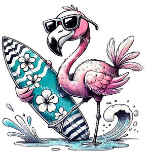 Flamenco surfista genial PNG, flamenco de playa tropical, arte retro de surf de verano, impresión digital divertida de pájaro rosa, diseño de sublimación hawaiano