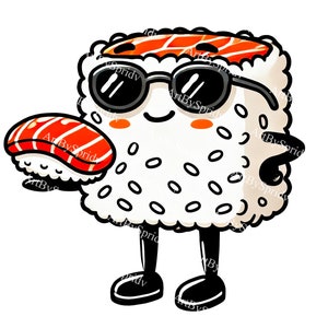 Kawaii Sushi PNG-clipart - schattig Nigiri Sushi-personage met zonnebril illustraties voor digitale scrapbooking, T-shirt, mok, ambachtelijke DIY-projecten