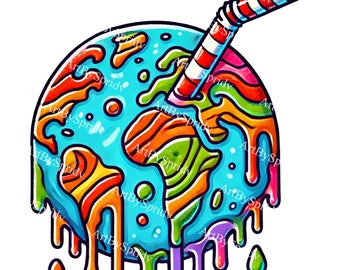 Terre en fusion colorée avec des continents dégoulinants et des cliparts PNG de paille, clipart changement climatique, sensibilisation à l'environnement, T-shirt, tasse bricolage