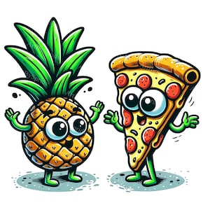 Schattige ananas en pizza clipart - voedsel stripfiguren png, perfect voor DTG T-shirts, mokken, bekers, sublimatie en scrapbooking digitale kunst