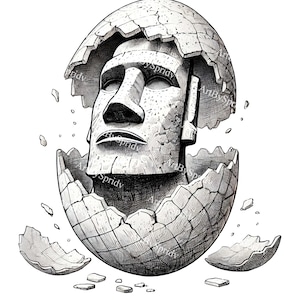 Easter Island Statue Egg PNG, Surreal Moai Head Hatching Clipart, Hand-Drawn Stone Face Illustration, Transparent PNG for Sublimation&Tattoo