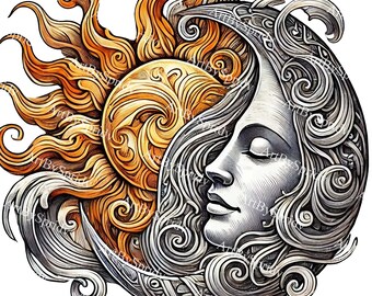 Intricate Sun & Moon Motif PNG Clipart, Celestial Clip Art for T-Shirt Sublimation, Digital Wall Prints Decor, Mystical Boho Illustration