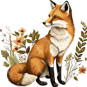 Elegante clipart de zorro con elementos florales: PNG transparente para calcomanías, manualidades, camisetas DTG, sublimación de tazas y diseños inspirados en la naturaleza
