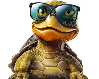 Coole Schildkröte Clipart transparent PNG, lustige Cartoon Schildkröte Illustration mit Sonnenbrille, Strand und Sommer digitale Kunst für Handwerk & Projekte