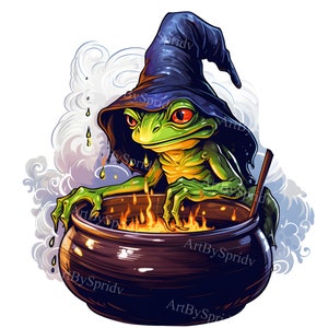 Enchanting Halloween Frog Witch Clipart PNG, Spooky Frog Stirring Magical Cauldron, Cute Witchy Clip Art for DIY Crafts, Invitations, Decor