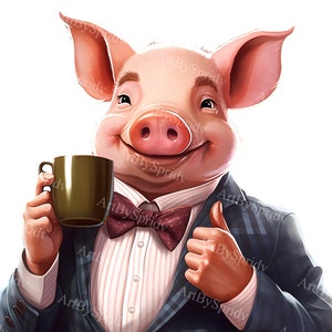 Adorable Pig in Bowtie with Coffee Mug PNG Clipart, Cute Pig in Tuxedo Suit Digital Clip Art for DIY Crafts, Invitations,T-Shirt Sublimation