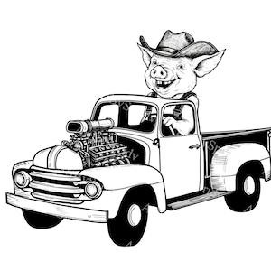Vintage Truck Pig Art|Classic Pickup&Cartoon Pig Driver Clipart|Retro Automotive DigitalPrint for Enthusiasts,Collectors|Unique Digital File
