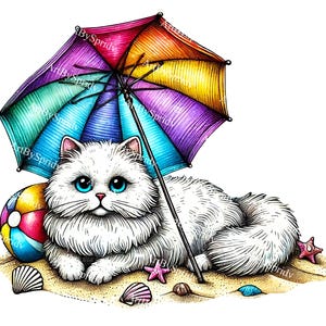 May include: A white cat with blue eyes sits on a beach under a rainbow striped umbrella. The cat is holding a beach ball and there are seashells and starfish around it.