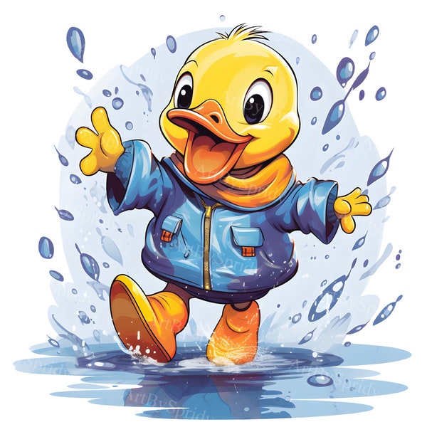 Fun Duck Splash In Water Puddle Transparent PNG Clipart for Sublimation Print, DIY Printable Clip Art, Cute Duckling Illustration,Commercial