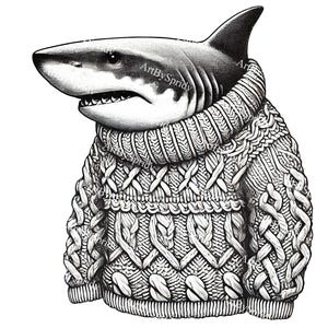 Cool Shark in Sweater PNG, Vintage Black & White Shark Illustration, Funny Animal Clipart, Quirky Ocean Art, Hand-Drawn Tattoo-Style Design