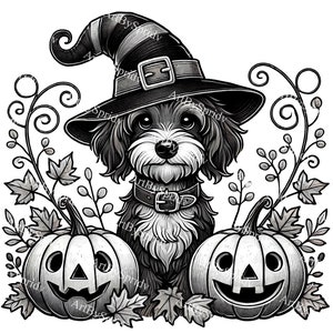 Dog in Witch Hat with Pumpkins Halloween PNG Clipart, Spooky Fall Digital Download, Cute Pet Wall Home Decor, T-Shirt, Mug,DIY Craft Project