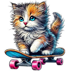 Cool Skateboarding Cat PNG, Adorable Fluffy Kitten on Skateboard Clipart, Trendy Street Art Animal Design, Transparent T-Shirt Sublimation