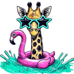 Lustige Sommer Giraffe Clipart PNG - Cartoon Giraffe mit Sterngläser im Flamingo Pool Float-Tropical Beach Animal T-Shirt Sublimation Design