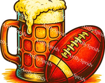Football and Beer PNG Clipart, Game Day Transparent T-Shirt Sublimation Design for Tailgate Shirts, Bar Decor, Sports Fan DIY Crafts & Gifts