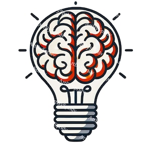May include: A light bulb with a red and white brain inside. The light bulb is outlined in black and has a white filament.