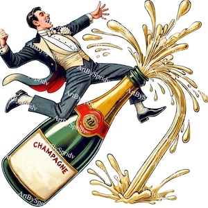 Vintage Champagner Feier Transparente PNG Clipart - Retro Gentleman Reit Champagner Flasche für Party Dekor, Aufkleber, DIY Craft Projekte