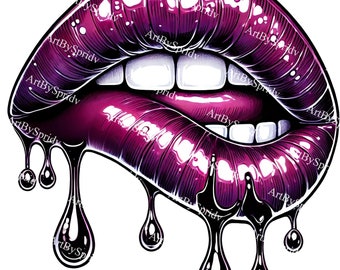 May include: A pair of glossy, purple lips with a dripping black liquid. The lips are slightly parted, revealing white teeth.