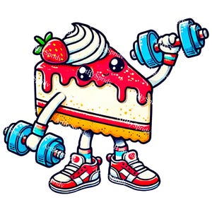 Strawberry Cake Cartoon PNG | Cute Cheesecake Character Lifting Dumbbells | Fitness Dessert Transparent Clipart for Tee Sublimation Designs