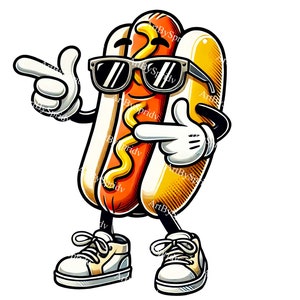 Clipart de hot dog genial PNG, diseño de personaje de hot dog divertido, hot dog de dibujos animados con gafas de sol, descarga digital transparente, arte de decoración de fiesta de barbacoa
