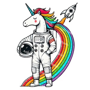 Clipart de unicornio astronauta arcoíris: ilustración PNG caprichosa con temática espacial para manualidades, invitaciones, imágenes prediseñadas digitales para camisetas y tazas DTG