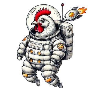 Pollo astronauta PNG, clipart de gallo espacial para sublimación de camisetas, clip art de animal cósmico transparente para pegatinas, camisetas y manualidades.