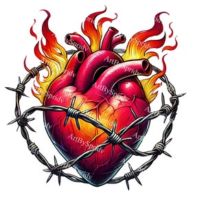 Fiery Heart with Barbed Wire PNG Clipart, Burning Heart in Flames, Tattoo Style Digital Clip Art for T-Shirt, Mug DIY Crafts&Printing Decor