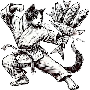 Karatekat PNG, vechtsportkat illustratie, grappige samoeraikat met visboeket, handgetekende vintage clipart, transparante png-sublimatie