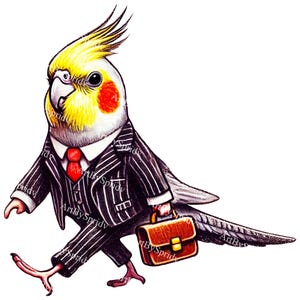 Funny Business Bird Cockatiel PNG, Cute Parrot in Suit Clipart with Briefcase, Office Bird Sublimation Design for Mugs, Shirts & Stickers