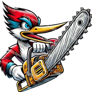 Wütend Specht mit Kettensäge PNG Clipart, lustige Vogel Illustration, Wildtier Clip Art für T-shirts & Aufkleber, DIY Craft Projekt