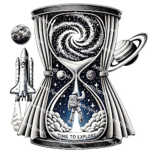 Clipart de reloj de arena del espacio cósmico / Ilustración de astronauta y galaxia / PNG transparente para arte digital, sublimación de camisetas, manualidades espaciales