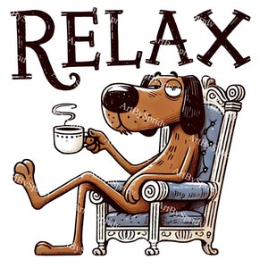 Relaxed Cartoon Dog PNG Clipart,Coffee Lover Dog Sitting in Chair,Canine Relaxation Clip Art,Pet Art for T-Shirts Sublimation,Mug,Home Decor