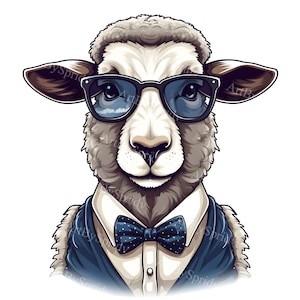 Schattige schapen met vlinderdas en bril transparante PNG-clipart, kinderen/volwassenen cartoon design, afdrukbare sublimatie, commercieel, magische dieren illustraties