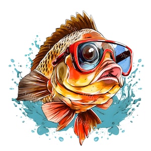 Pesce persico con occhiali da sole PNG Clipart, Illustrazione digitale umoristica per sublimazione, T-shirt, tazze, scrapbooking, Clip art acquatica eccentrica