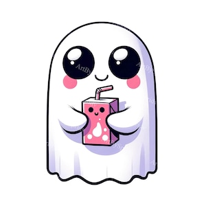 Uroczy duch z sokiem w kartonie Clipart - przyjazna grafika ducha dla dzieci, do druku Upiorny sublimacyjny PNG, cyfrowe pobieranie do rękodzieła, odzieży