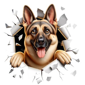 3D German Shepherd Dog Breaking Wall Clipart - Transparent PNG for Scrapbooking, T-Shirt Sublimation, DIY Craft Project, Home Wall Decor