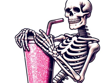 Whimsical Skeleton Drinking Clipart - Pink Sparkling Beverage Digital PNG, Quirky Gothic DIY Clip Art,Unique Printable Skeleton Illustration