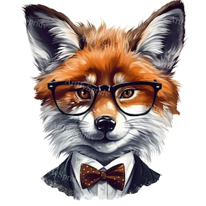 Cute Fox With Glasses&TuxedoTransparent PNG Animal Clipart,Adult/Kids Print Design,Printable T-shirt Sublimation,Commercial,Cartoon Clip Art