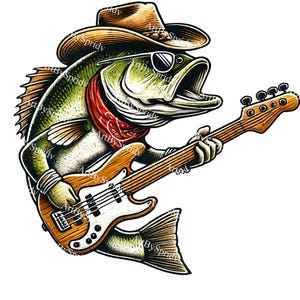 Country Bass Fish Playing Guitar PNG | Cowboy Fishing Cartoon Clipart | Funny Western Fisherman Digital Download for Sublimation & T-Shirts