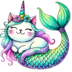 Mermaid Cat Unicorn Clipart | Kawaii Cat Mermaid PNG | Fantasy Cat Digital Clip Art | Cute Cat with Rainbow Tail | Transparent Digital File