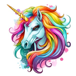 Magical Cartoon Unicorn with Flowing Rainbow Mane PNG Clipart, Mystical Transparent Clip Art for DIY Crafts, Invitations, T-Shirt, Mug