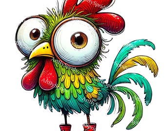 Crazy Rooster PNG, Colorful Cartoon Chicken Illustration, Whimsical Farm Animal Clipart, Quirky Chicken Art, Transparent Digital Download