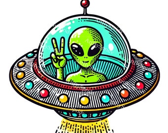 Whimsical Alien in UFO PNG Clipart, Cute Spacecraft Illustration, Digital Download, Alien Clip Art for Kids, Extraterrestrial Space Party