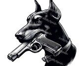 Unique Doberman Dog with Gun PNG Clipart Download - Edgy Canine Illustration,Tattoo Drawing,Bold Dog Artwork for DIY Crafts Projects