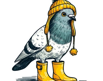 Adorable paloma Descargar PNG Clipart con botas de lluvia amarillas y sombrero / Ilustración de pájaro caprichoso para proyectos digitales de impresión y artesanía diy