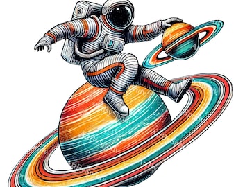 Astronaut Riding Saturn PNG Clipart, Space Adventure Digital Download, Cosmic Art Illustration, Outer Space Astronaut,Kids Room Decor,Sci-Fi